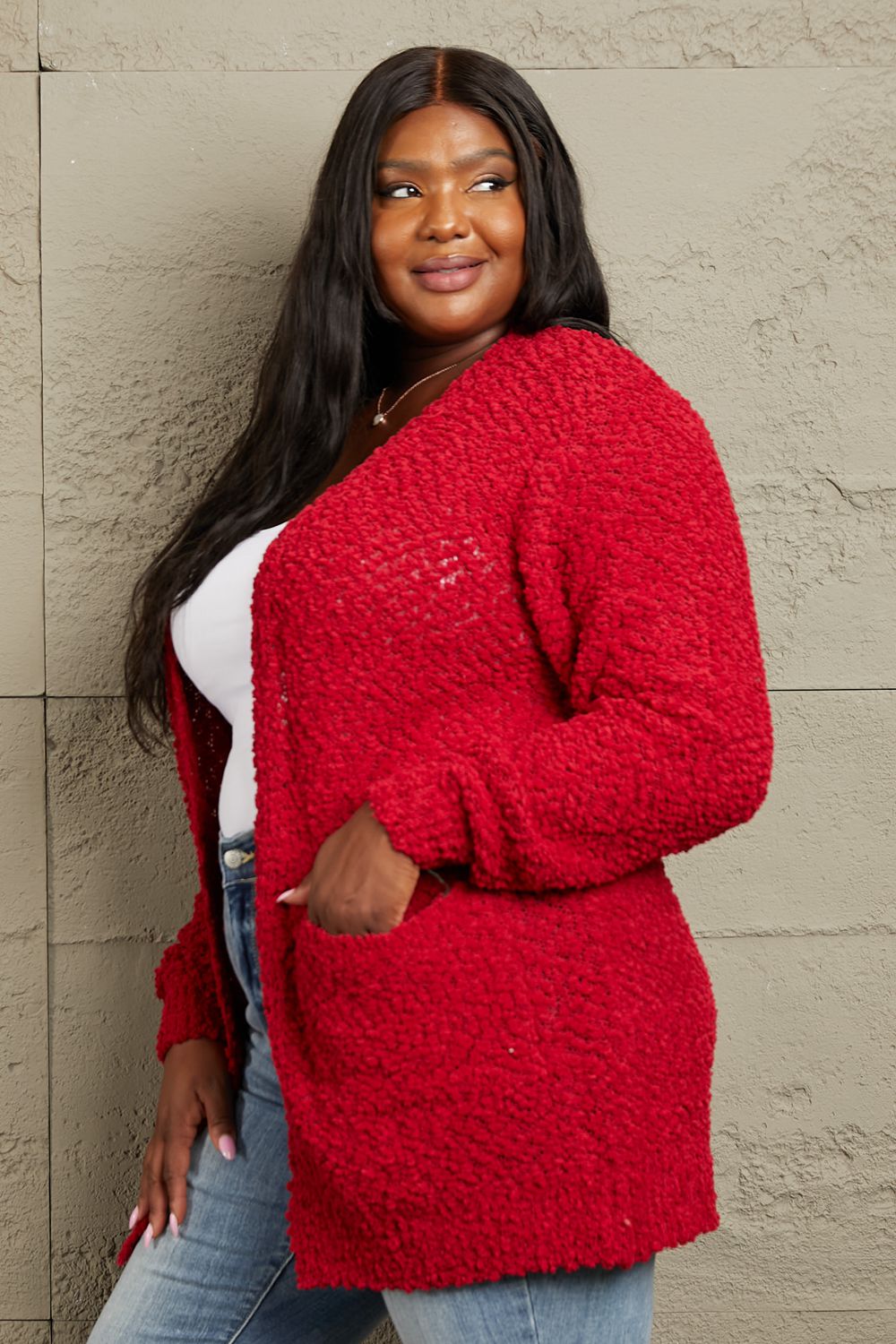 Falling For You Size Open Front Popcorn Cardigan – Adrians Boutique