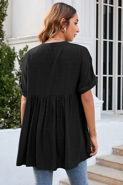 Ruched Notched Short Sleeve Blouse