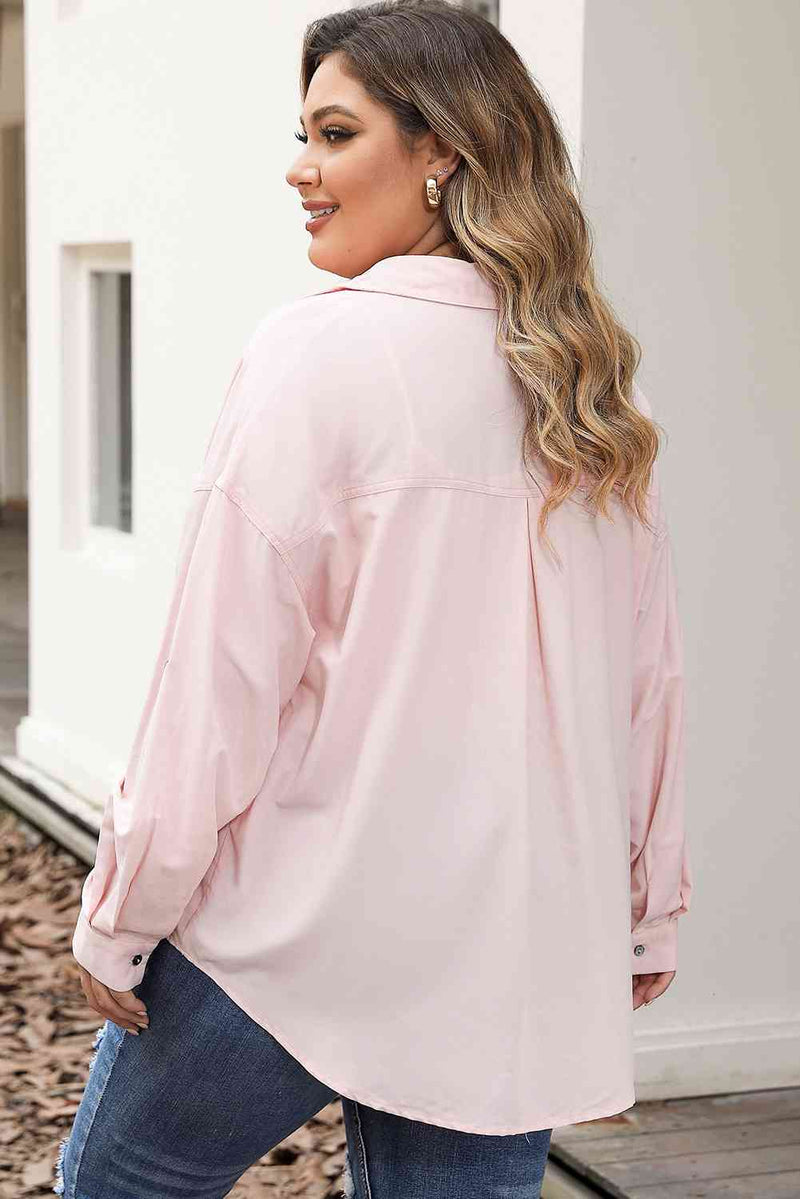 Plus Size Collared Neck Button Front Long Sleeve Shirt