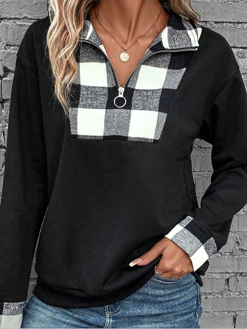 Plaid Quarter-Zip Collared Sweatshirt
