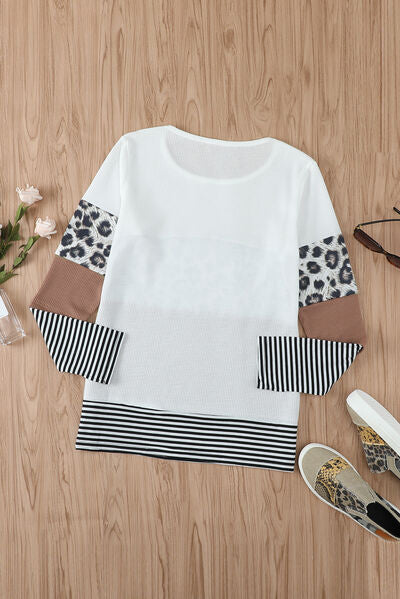 Waffle-Knit Leopard Round Neck Long Sleeve T-Shirt