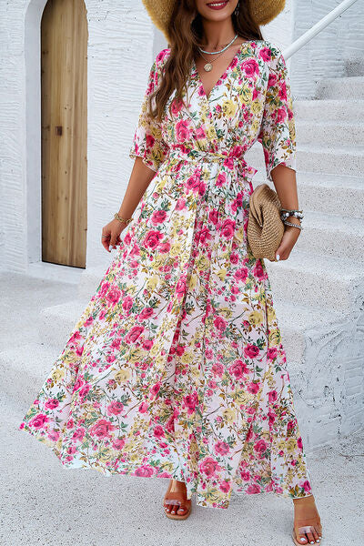 Printed Tied Half Sleeve Slit Dress