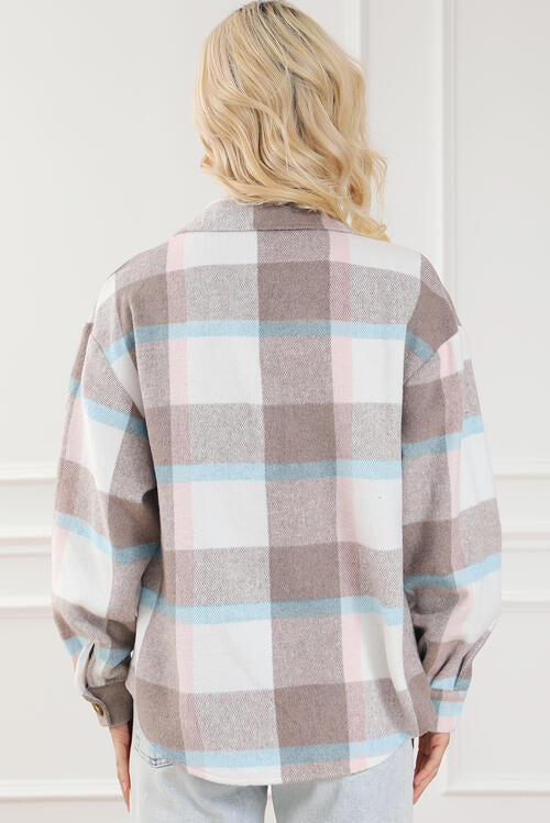 Pocketed Plaid Collared Neck Jacket