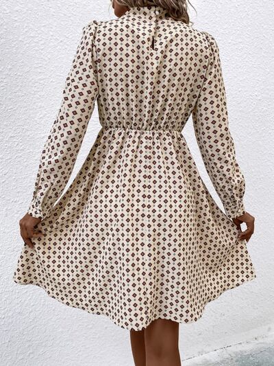 Printed Ruched Mock Neck Long Sleeve Dress