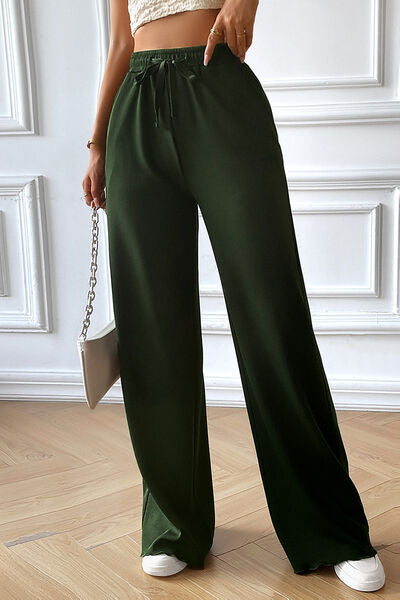 Drawstring Wide Leg Pants with Pocketed