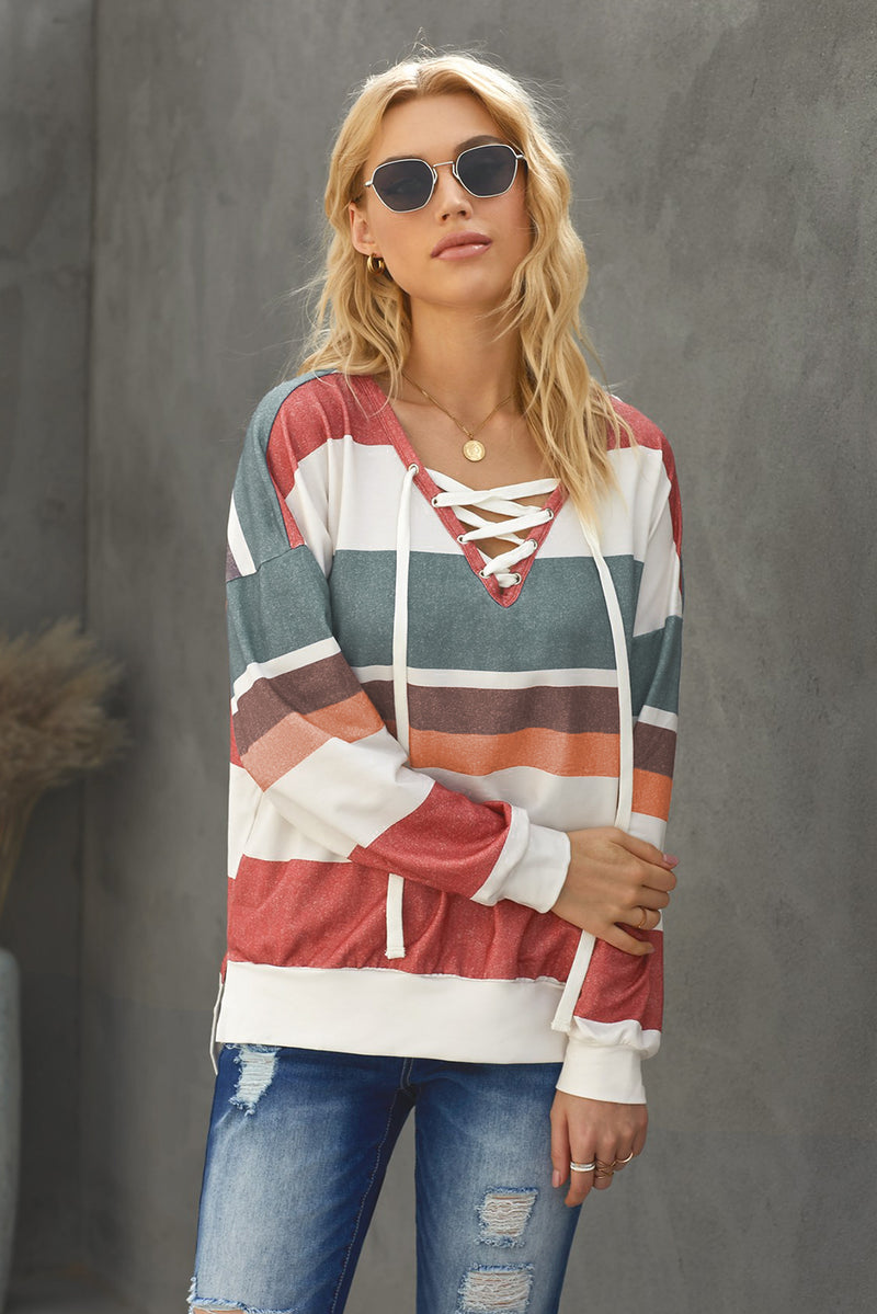 Multicolored Striped Lace-Up Dropped Shoulder Sweatshirt