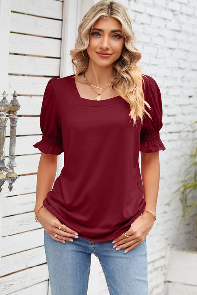 Smocked Square Neck Short Sleeve T-Shirt