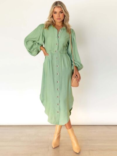 Drawstring Button Up Balloon Sleeve Dress