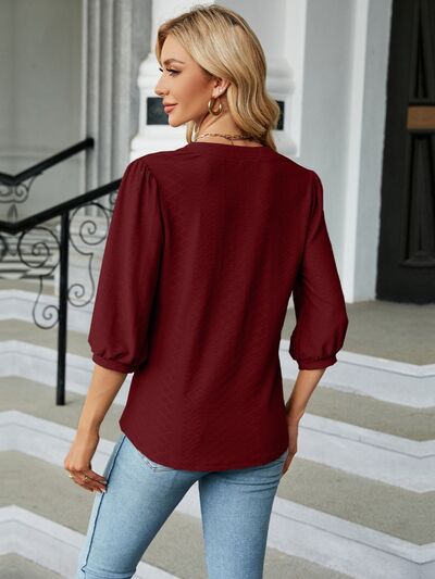 Textured Notched Three-Quarter Sleeve Blouse