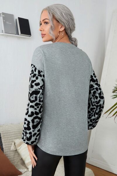 Leopard Round Neck Dropped Shoulder T-Shirt