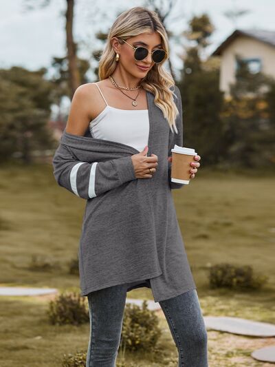 Striped Open Front Dropped Shoulder Cardigan