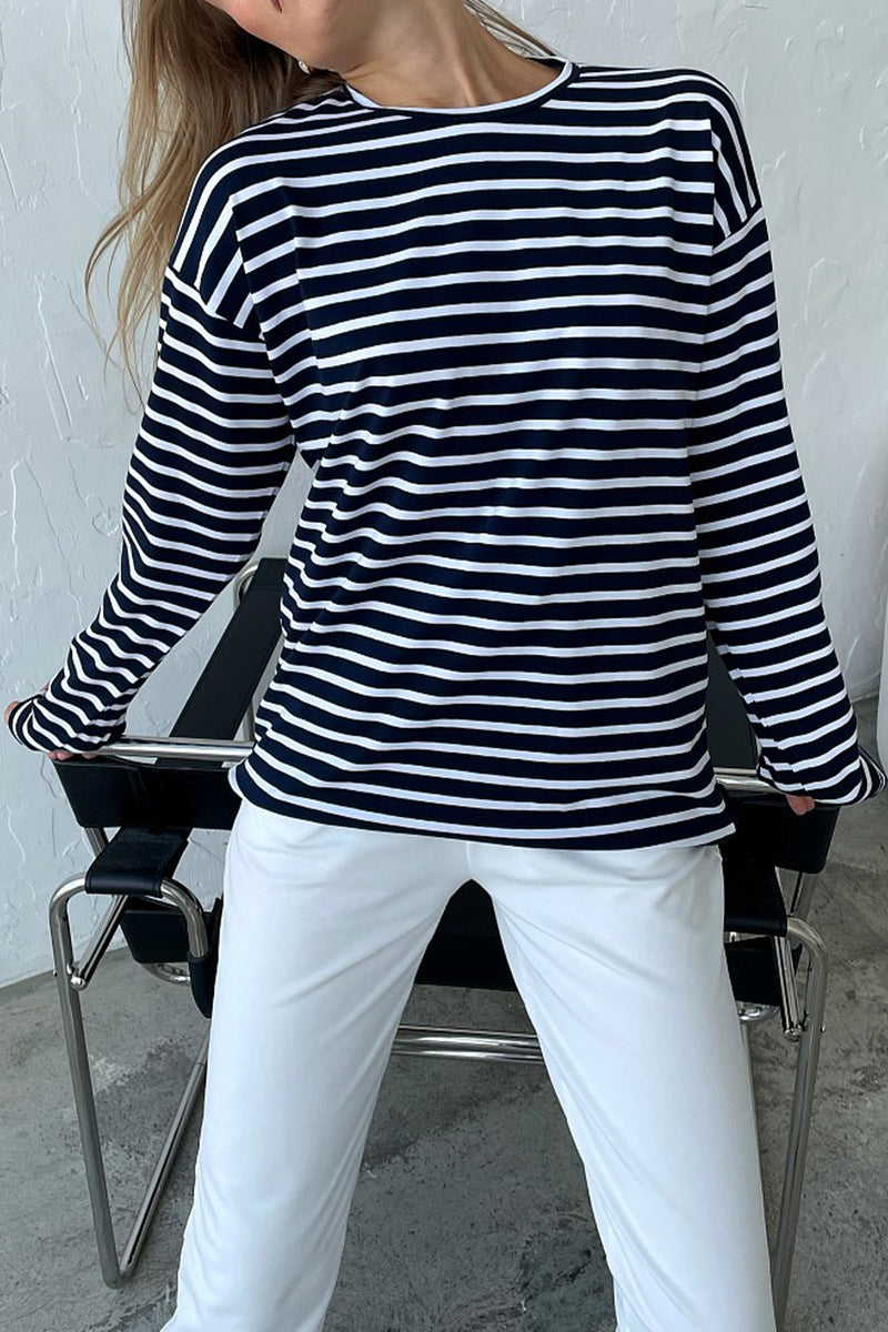 Round Neck Striped Dropped Shoulder T-Shirt