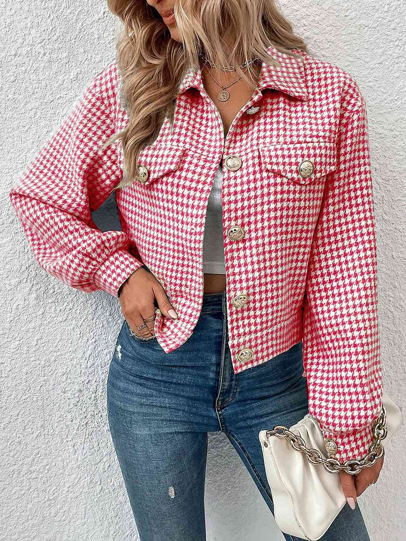 Houndstooth Collared Neck Button Up Jacket